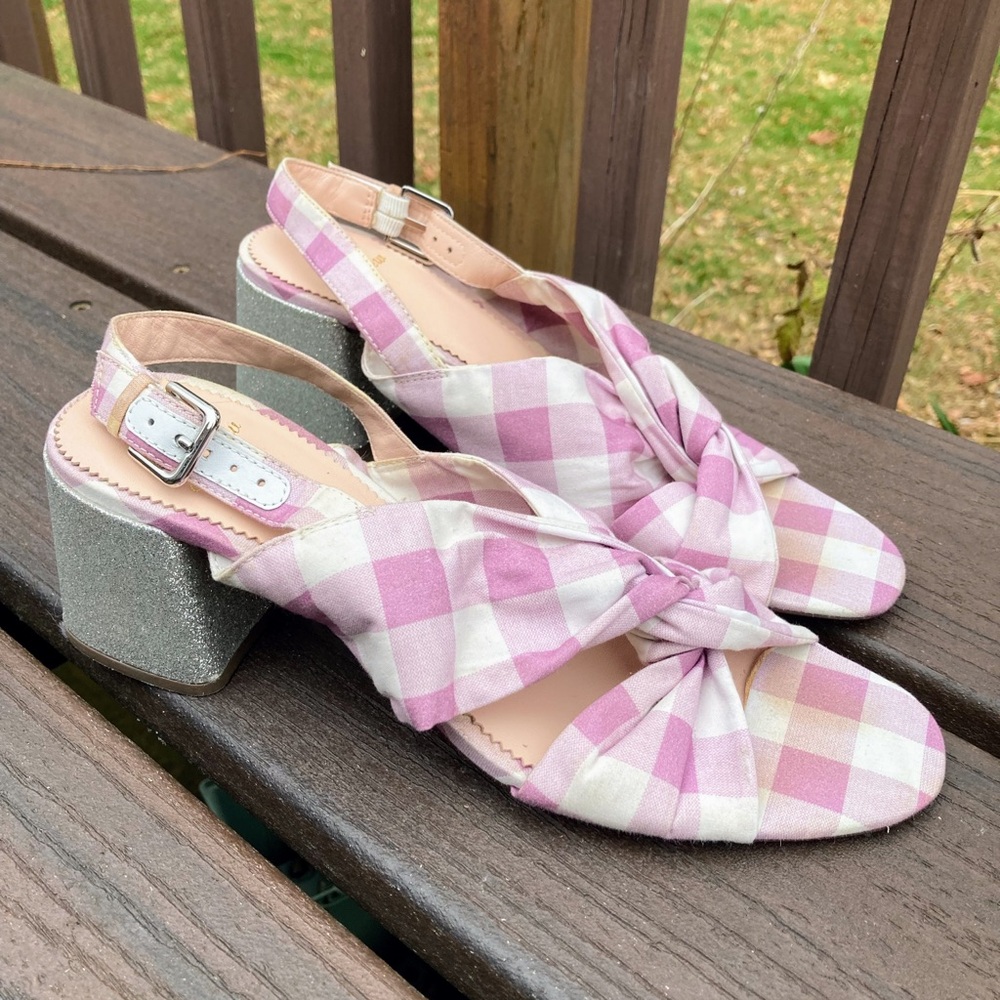 J. Crew JCrew Twisted Knot Penny Sandals Gingham Purple Silver Glitter Heel 8.5 - Picture 3 of 11